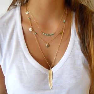 Multi Layered Beaded Feather Necklace